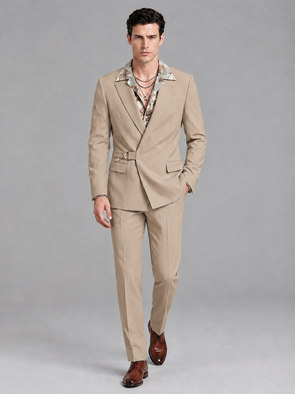 Savile Men's Khaki Belted Wrap 2-Piece Suit – Peak Lapel Blazer & Tailored Trousers - SUC060 - Khaki - Khaki_4