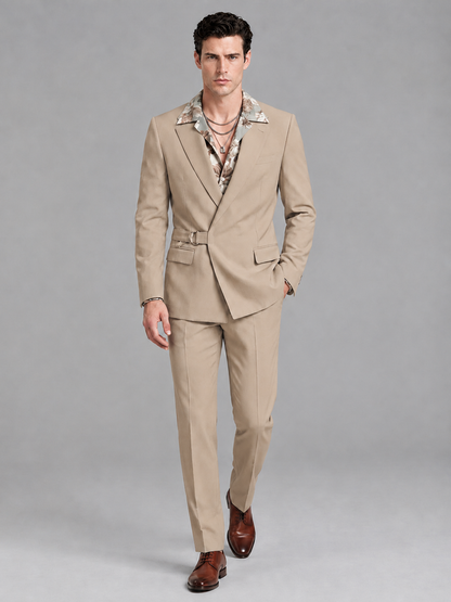 Savile Men's Khaki Belted Wrap 2-Piece Suit – Peak Lapel Blazer & Tailored Trousers - SUC060 - Khaki - Khaki_4