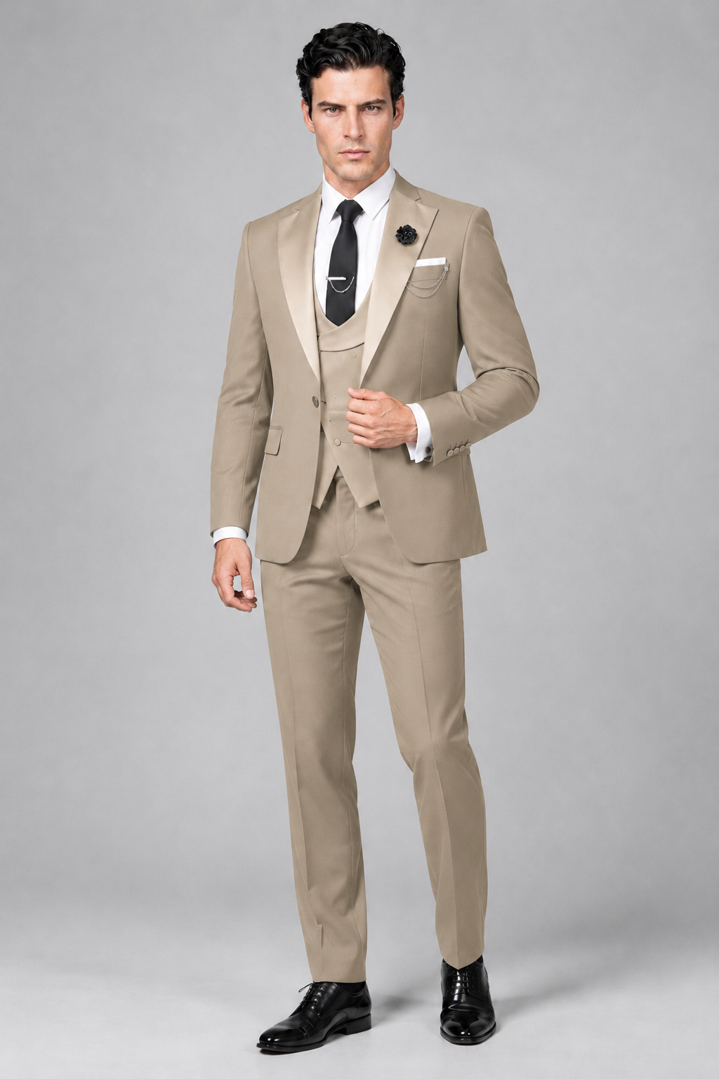 Savile Men's Khaki 3-Piece Tuxedo Suit – Contrast Silver Peak Lapel & Grey Vest Formal Set - Khaki - Khaki_4