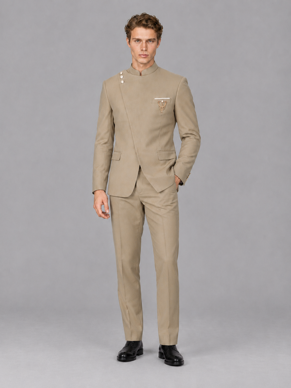 Savile Men's Khaki Mandarin Collar Asymmetrical 2-Piece Suit Set – Modern Jacket & Trousers - Khaki - Khaki_4