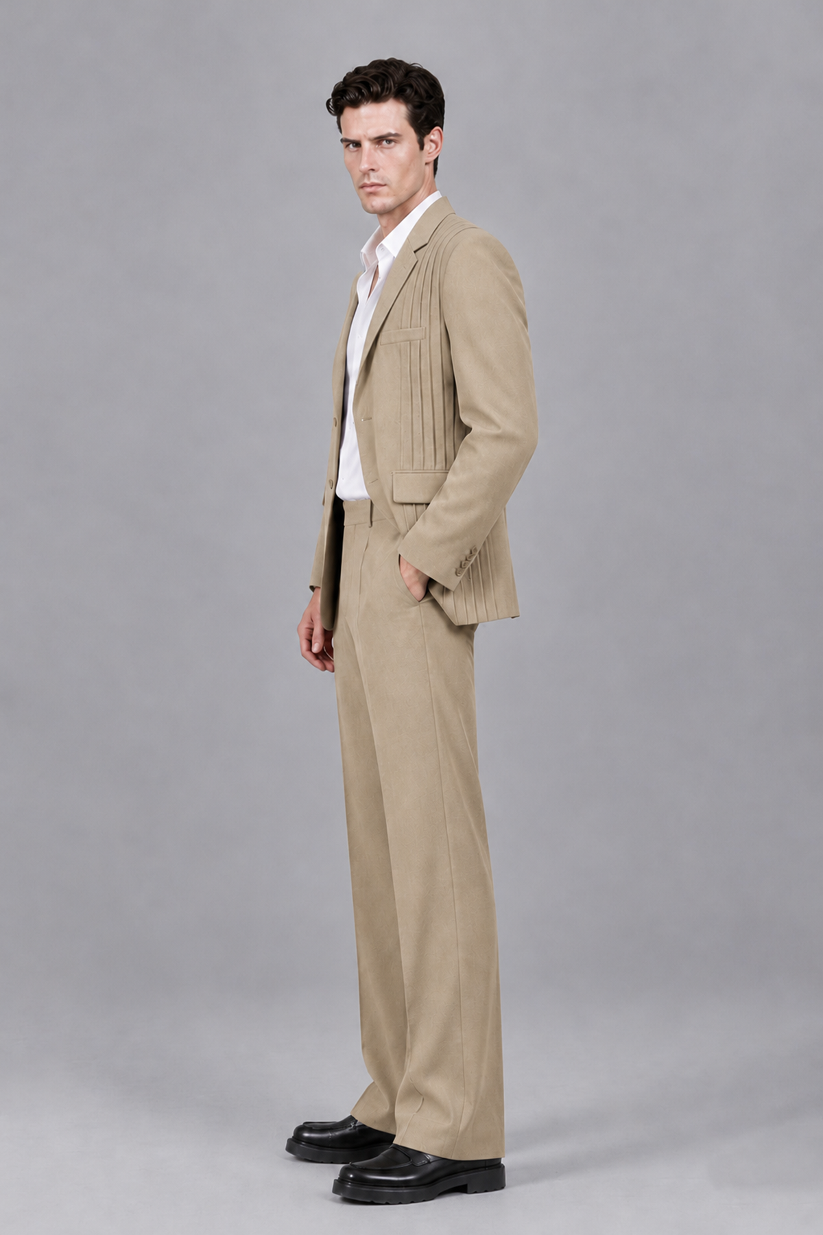 Savile Men's Khaki Pleated 2-Piece Suit Set | Notch Lapel Blazer & Tailored Trousers - Khaki - Khaki_4