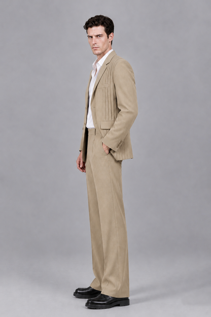 Savile Men's Khaki Pleated 2-Piece Suit Set | Notch Lapel Blazer & Tailored Trousers - Khaki - Khaki_4