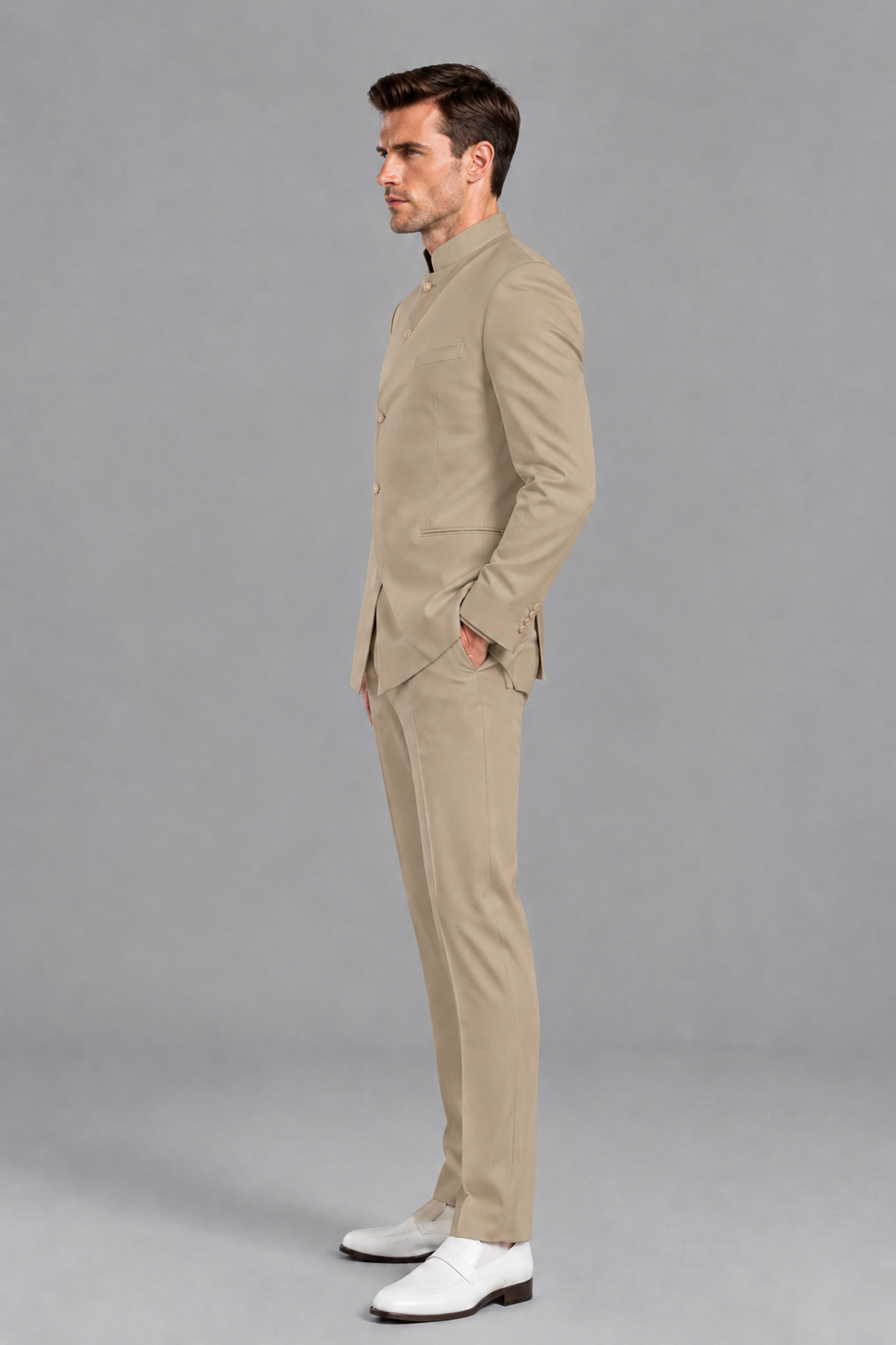 Savile Men's Khaki Asymmetrical Mandarin Collar Tuxedo Suit – Modern 2-Piece Gold Button Wedding, Prom & Gala Set - Khaki - Khaki_4
