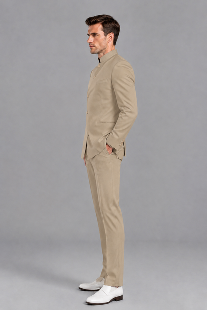 Savile Men's Khaki Asymmetrical Mandarin Collar Tuxedo Suit – Modern 2-Piece Gold Button Wedding, Prom & Gala Set - Khaki - Khaki_4