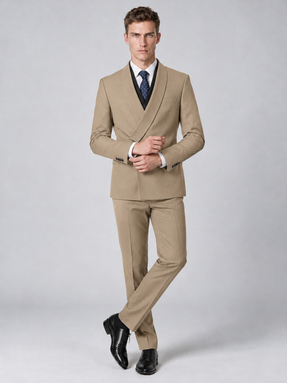 Savile Men's Khaki Wrap Shawl Lapel 2-Piece Suit Set – Modern Jacket & Trousers - Khaki - Khaki_4