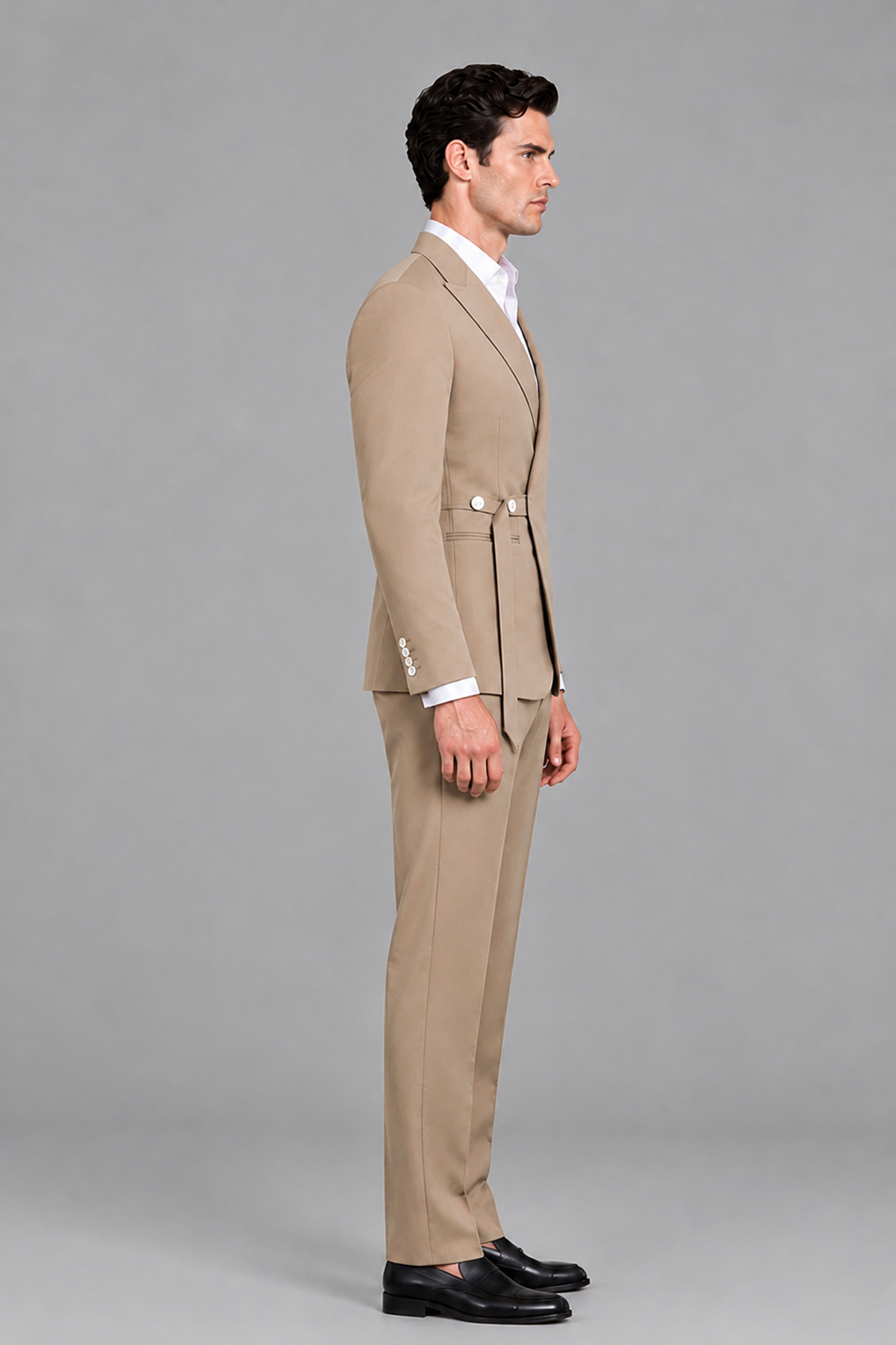 Savile Men's Modern Khaki 2-Piece Wrap Suit Set – Peak Lapel Side-Button Blazer & Tailored Trousers - Khaki - Khaki_4
