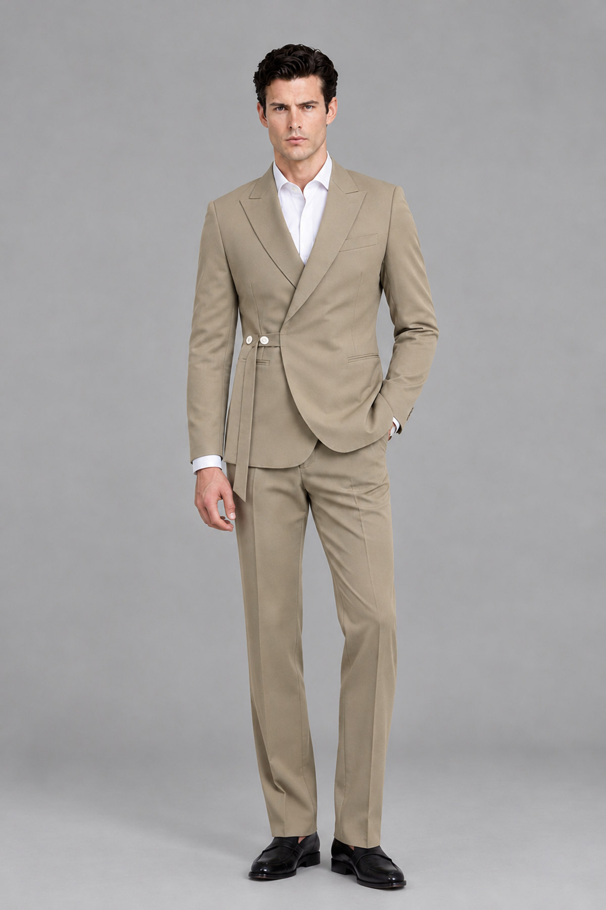 Savile Men's Modern Khaki 2-Piece Wrap Suit Set – Peak Lapel Side-Button Blazer & Tailored Trousers - Khaki - Khaki_5