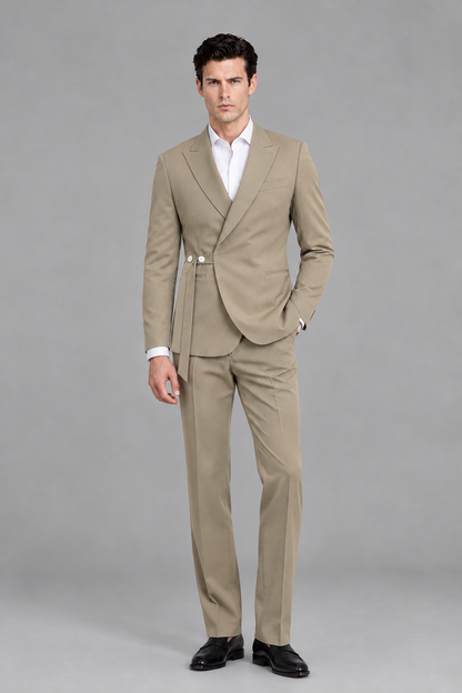 Savile Men's Modern Khaki 2-Piece Wrap Suit Set – Peak Lapel Side-Button Blazer & Tailored Trousers - Khaki - Khaki_5