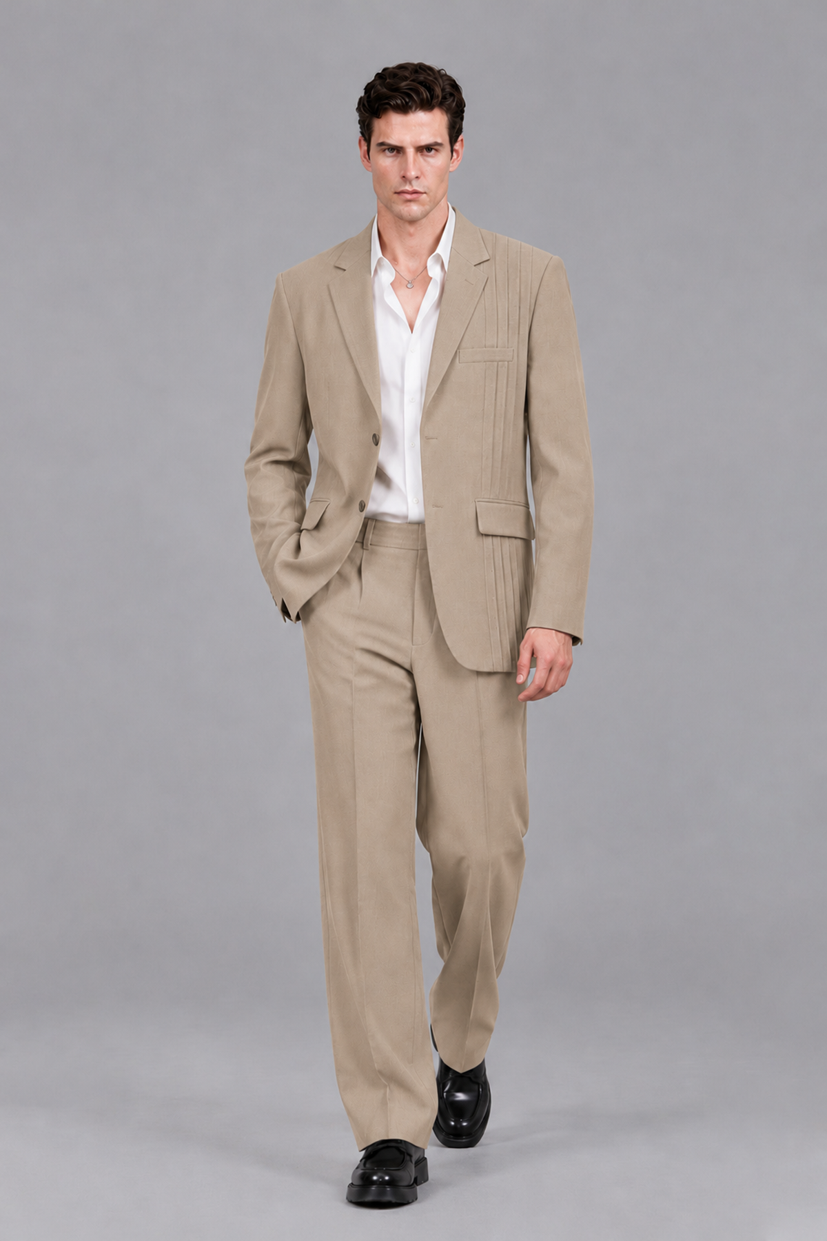 Savile Men's Khaki Pleated 2-Piece Suit Set | Notch Lapel Blazer & Tailored Trousers - Khaki - Khaki_5