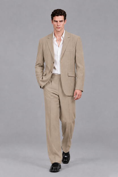 Savile Men's Khaki Pleated 2-Piece Suit Set | Notch Lapel Blazer & Tailored Trousers - Khaki - Khaki_5