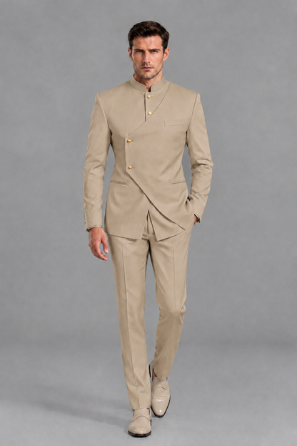 Savile Men's Khaki Asymmetrical Mandarin Collar Tuxedo Suit – Modern 2-Piece Gold Button Wedding, Prom & Gala Set - Khaki - Khaki_5