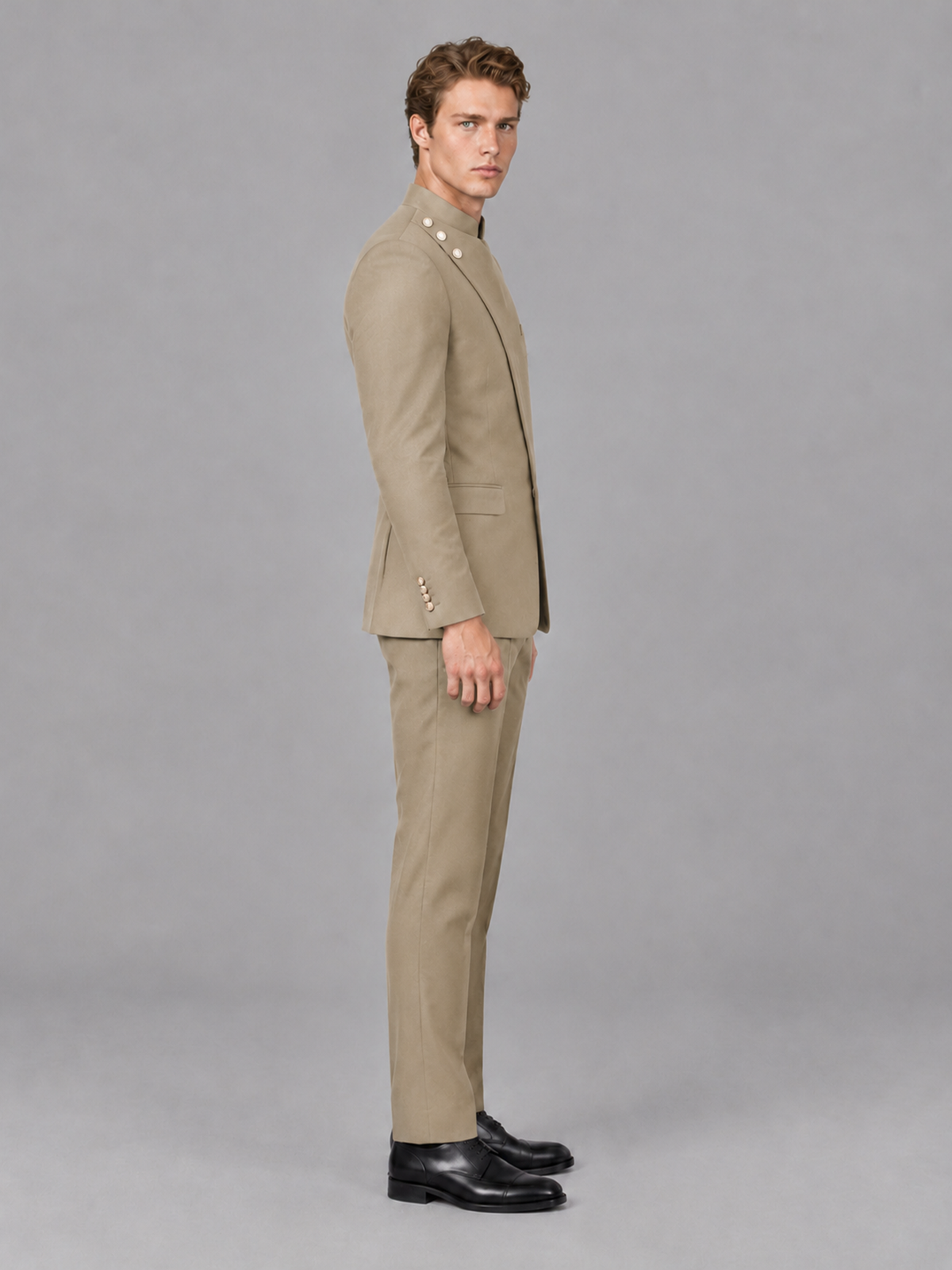 Savile Men's Khaki Mandarin Collar Asymmetrical 2-Piece Suit Set – Modern Jacket & Trousers - Khaki - Khaki_5