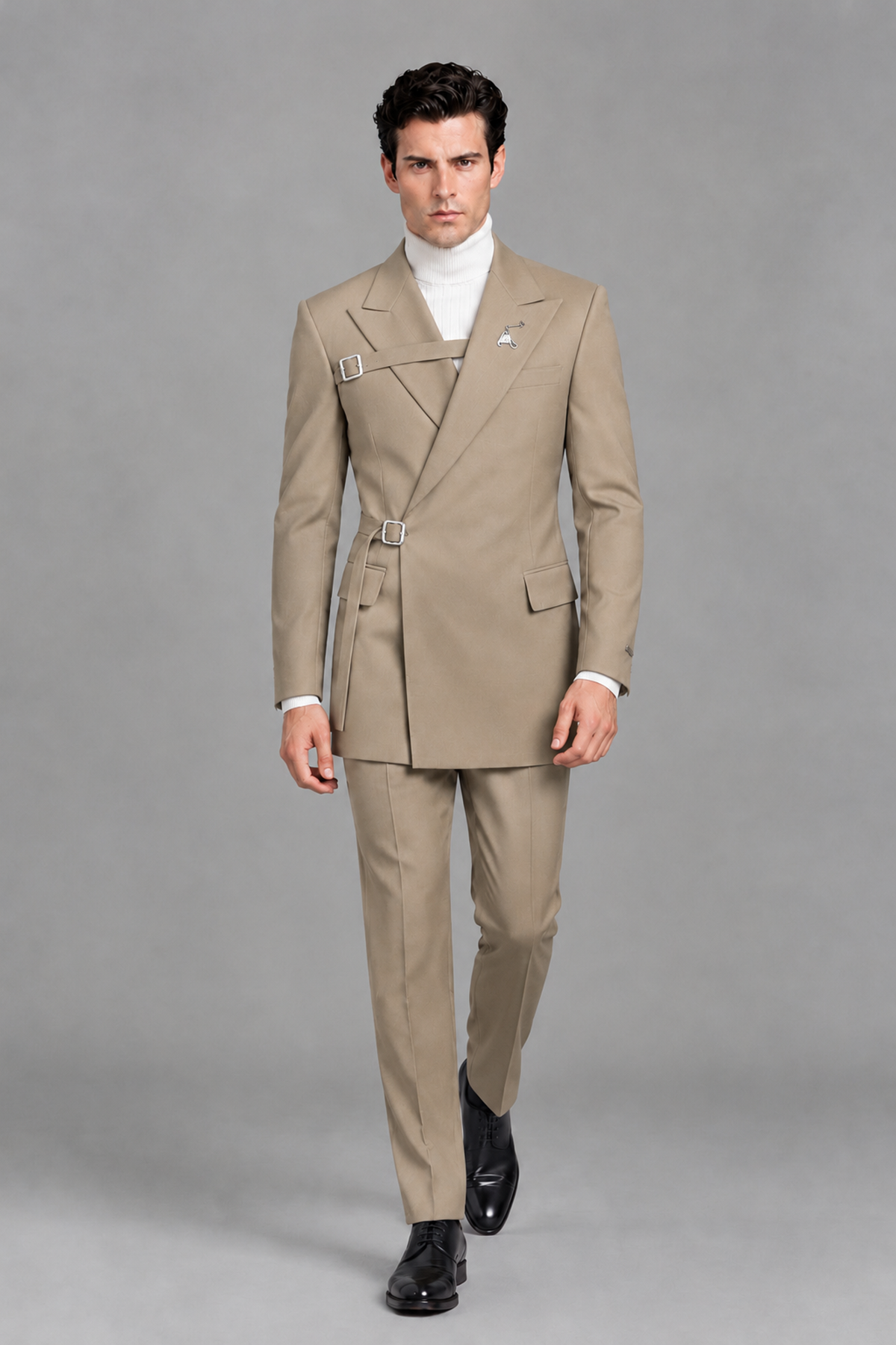 Savile Men's Khaki Double Buckle Wrap Belted 2-Piece Suit Set – Peak Lapel Slim-Fit Jacket & Trousers - Khaki - Khaki_5