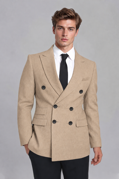Savile Men's Khaki Double-Breasted Peak Lapel Blazer - Khaki