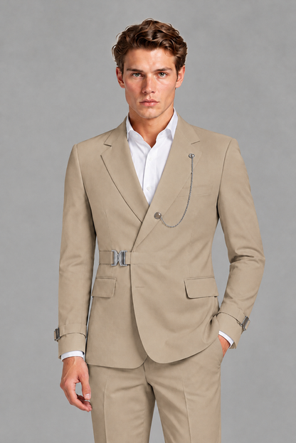 Savile Men's Khaki Buckle-Closure 2-Piece Suit Set | Peak Lapel Blazer & Trousers - Khaki