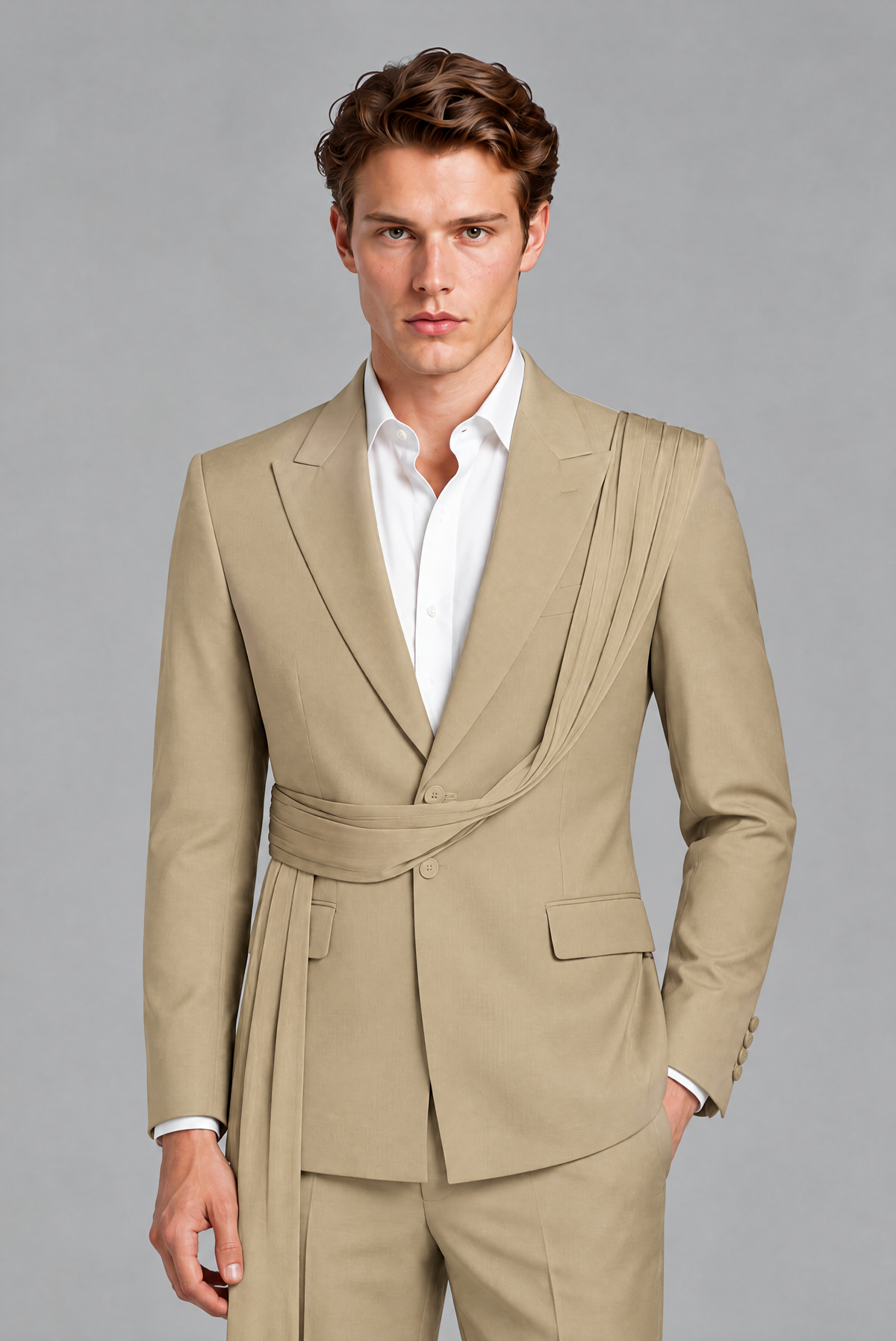 Men's Khaki Draped Sash Suit – Peak Lapel 2-Piece Slim Fit Party, Gala & Wedding Set - Khaki