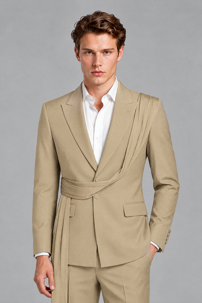 Men's Khaki Draped Sash Suit – Peak Lapel 2-Piece Slim Fit Party, Gala & Wedding Set - Khaki