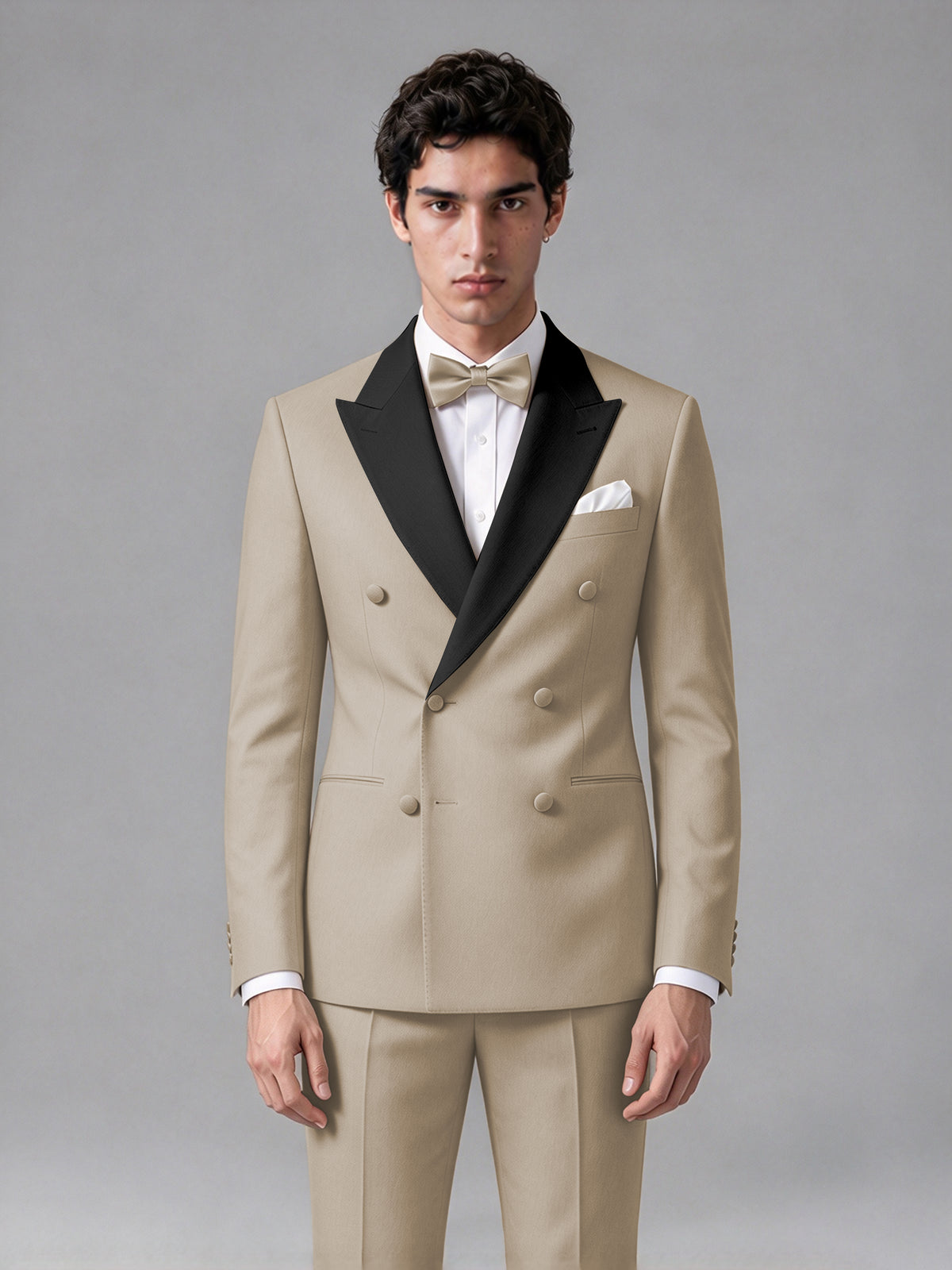 Men's Khaki Double-Breasted Satin Peak Lapel Tuxedo Suit Set (Jacket + Trousers) - Khaki