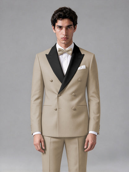 Men's Khaki Double-Breasted Satin Peak Lapel Tuxedo Suit Set (Jacket + Trousers) - Khaki