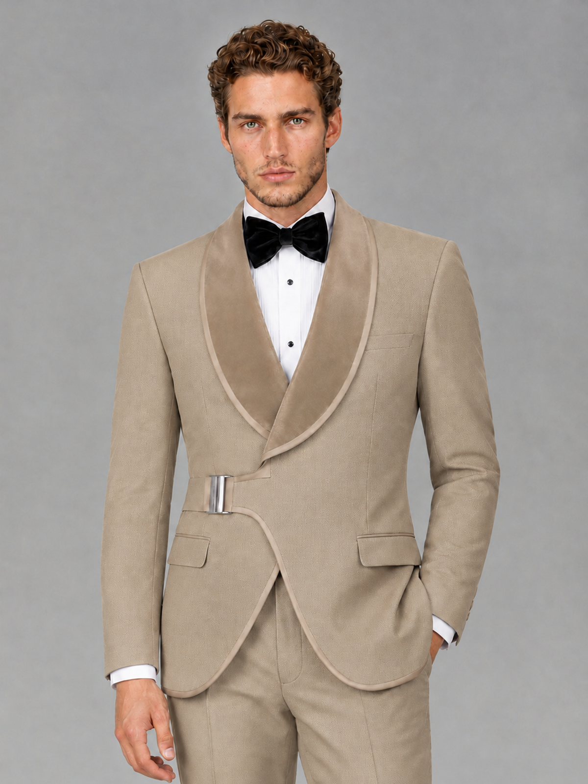 Savile Men's Khaki Velvet Shawl Lapel Tuxedo Suit – Modern Side-Buckle Dinner Jacket & Trousers 2-Piece Set - Khaki