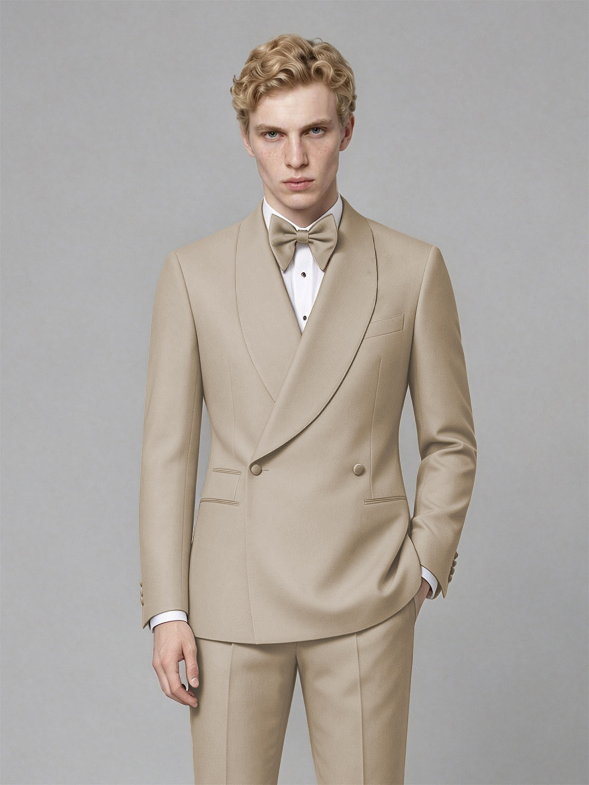Men's Khaki Single-Button Khaki Satin Shawl Lapel Tuxedo Suit Set | Blazer & Trousers - Khaki