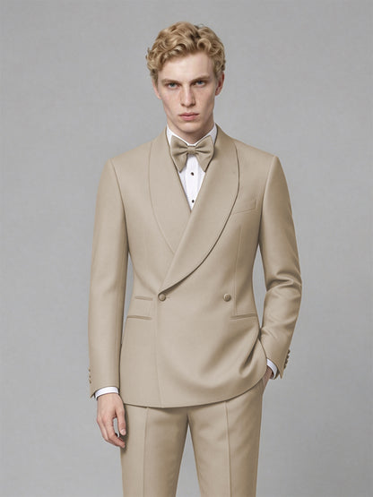 Men's Khaki Single-Button Khaki Satin Shawl Lapel Tuxedo Suit Set | Blazer & Trousers - Khaki
