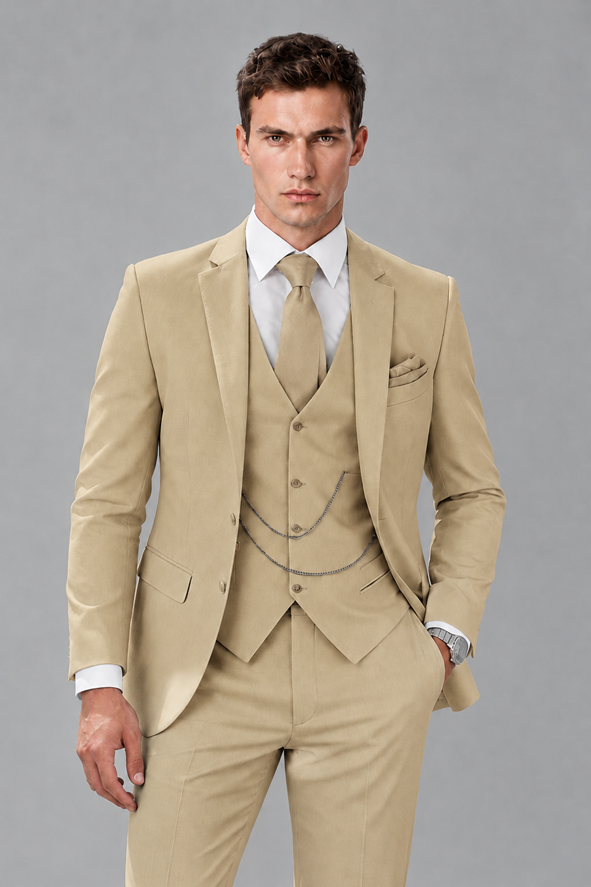 Savile Khaki 3-Piece Suit with Notch Lapel & Chain Vest - Khaki