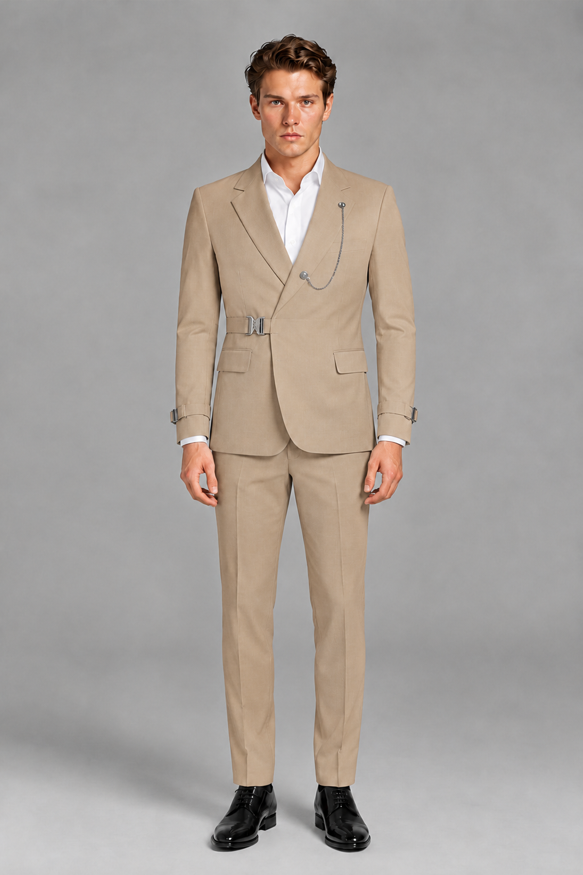 Savile Men's Khaki Buckle-Closure 2-Piece Suit Set | Peak Lapel Blazer & Trousers - Khaki