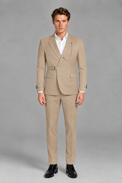 Savile Men's Khaki Buckle-Closure 2-Piece Suit Set | Peak Lapel Blazer & Trousers - Khaki