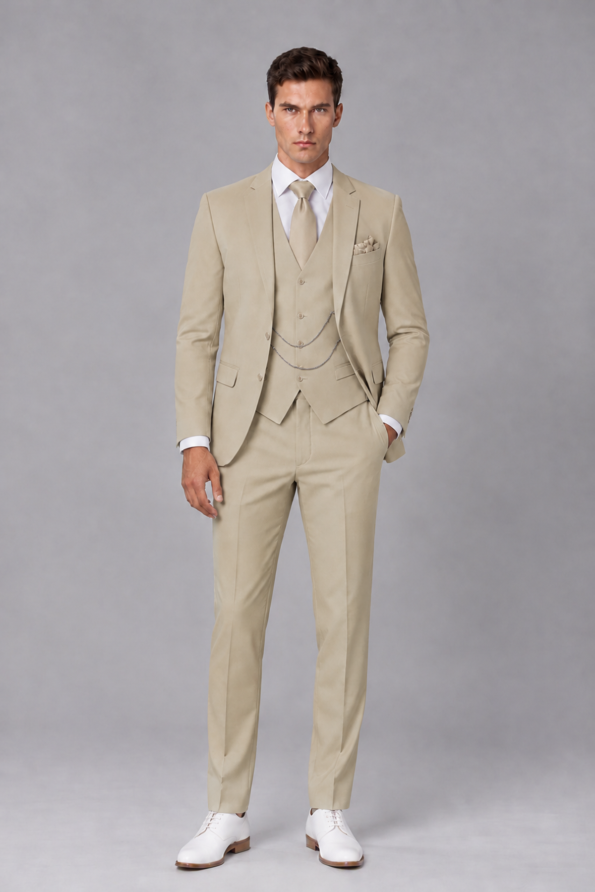 Savile Khaki 3-Piece Suit with Notch Lapel & Chain Vest - Khaki