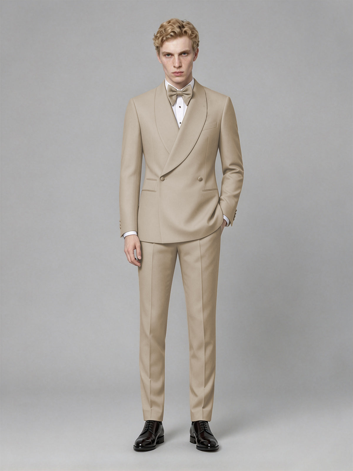 Men's Khaki Single-Button Khaki Satin Shawl Lapel Tuxedo Suit Set | Blazer & Trousers - Khaki