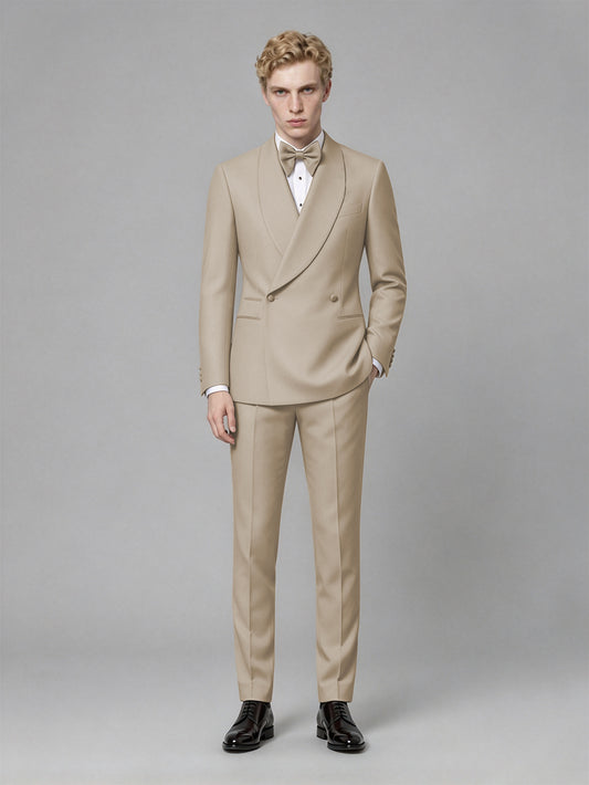Men's Khaki Single-Button Khaki Satin Shawl Lapel Tuxedo Suit Set | Blazer & Trousers - Khaki