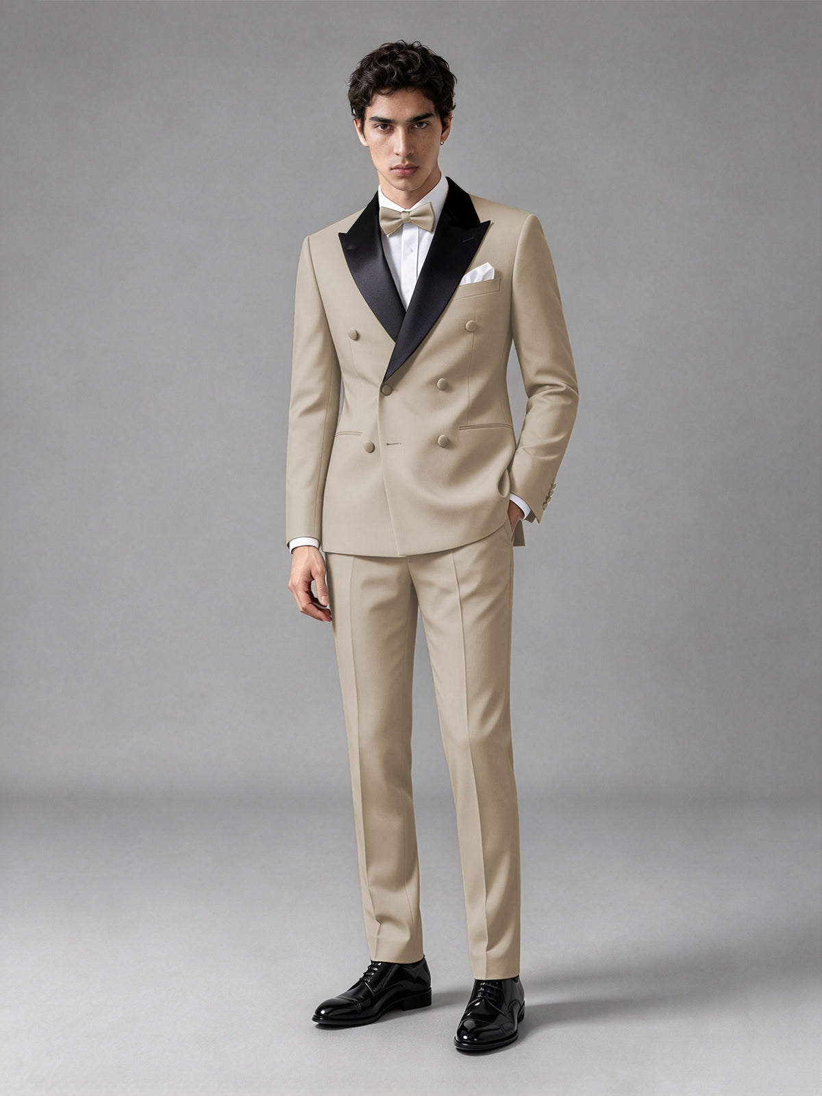 Men's Khaki Double-Breasted Satin Peak Lapel Tuxedo Suit Set (Jacket + Trousers) - Khaki