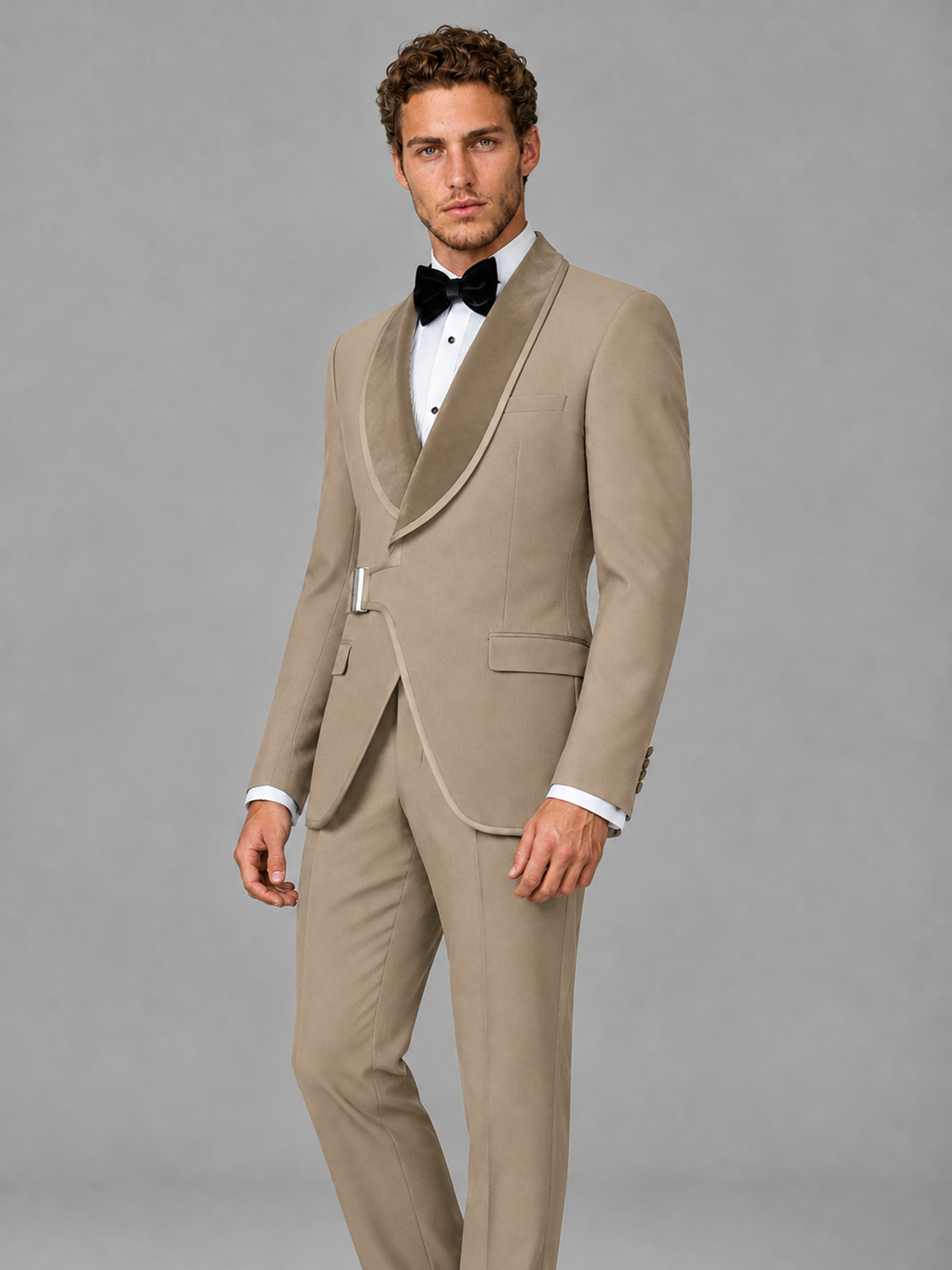 Savile Men's Khaki Velvet Shawl Lapel Tuxedo Suit – Modern Side-Buckle Dinner Jacket & Trousers 2-Piece Set - Khaki