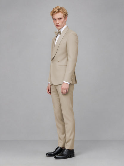 Men's Khaki Single-Button Khaki Satin Shawl Lapel Tuxedo Suit Set | Blazer & Trousers - Khaki