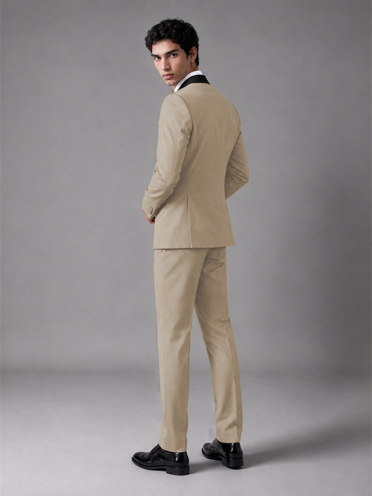 Men's Khaki Double-Breasted Satin Peak Lapel Tuxedo Suit Set (Jacket + Trousers) - Khaki