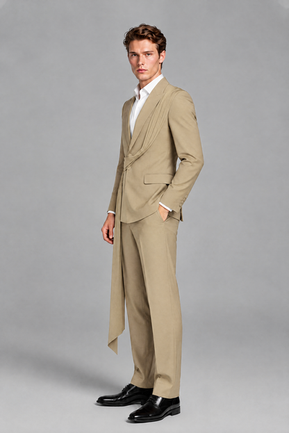 Men's Khaki Draped Sash Suit – Peak Lapel 2-Piece Slim Fit Party, Gala & Wedding Set - Khaki