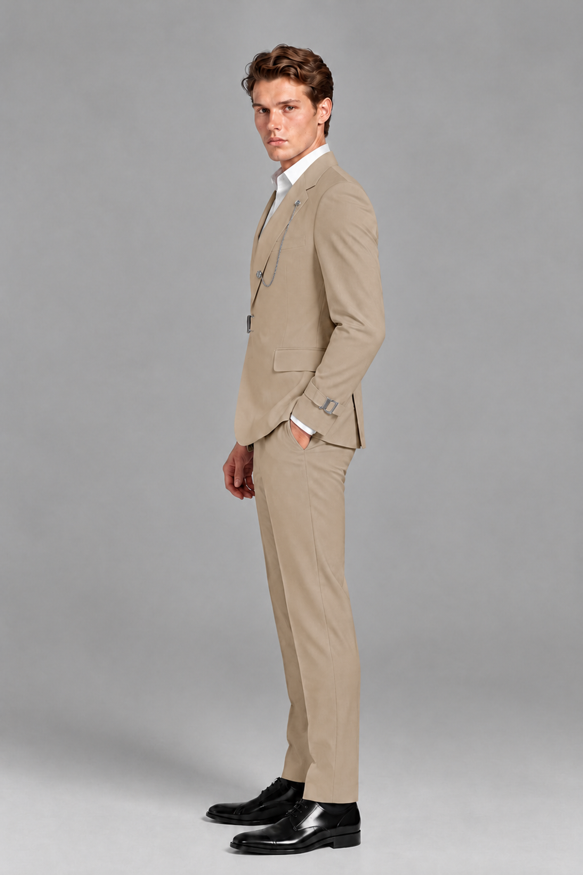 Savile Men's Khaki Buckle-Closure 2-Piece Suit Set | Peak Lapel Blazer & Trousers - Khaki