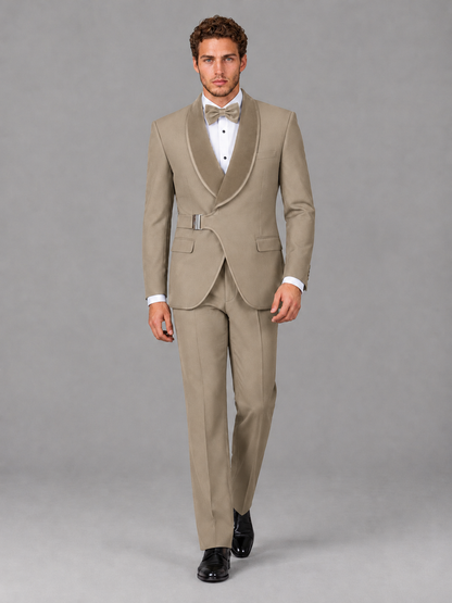 Savile Men's Khaki Velvet Shawl Lapel Tuxedo Suit – Modern Side-Buckle Dinner Jacket & Trousers 2-Piece Set - Khaki