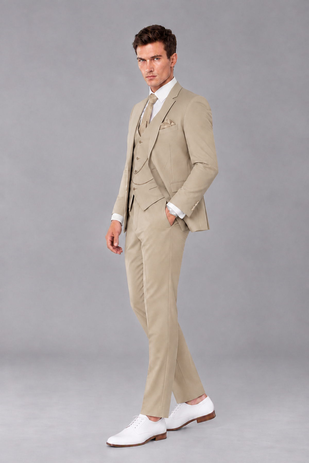 Savile Khaki 3-Piece Suit with Notch Lapel & Chain Vest - Khaki