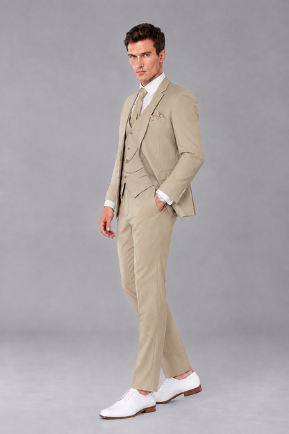 Savile Khaki 3-Piece Suit with Notch Lapel & Chain Vest - Khaki