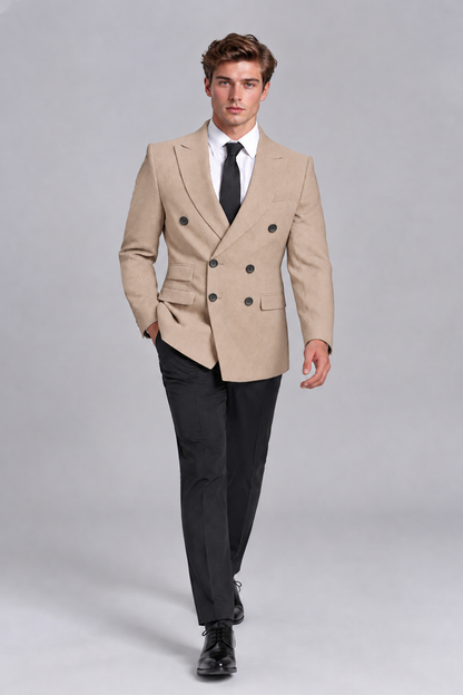 Savile Men's Khaki Double-Breasted Peak Lapel Blazer - Khaki