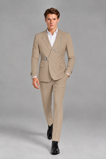 Savile Men's Khaki Buckle-Closure 2-Piece Suit Set | Peak Lapel Blazer & Trousers - Khaki