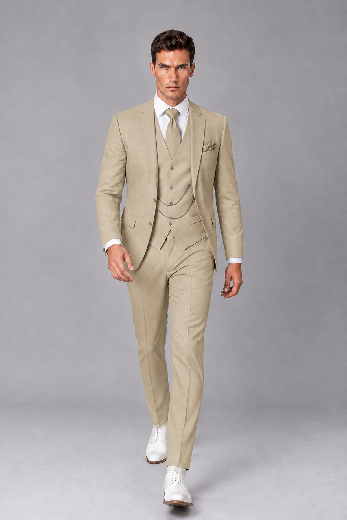 Savile Khaki 3-Piece Suit with Notch Lapel & Chain Vest - Khaki