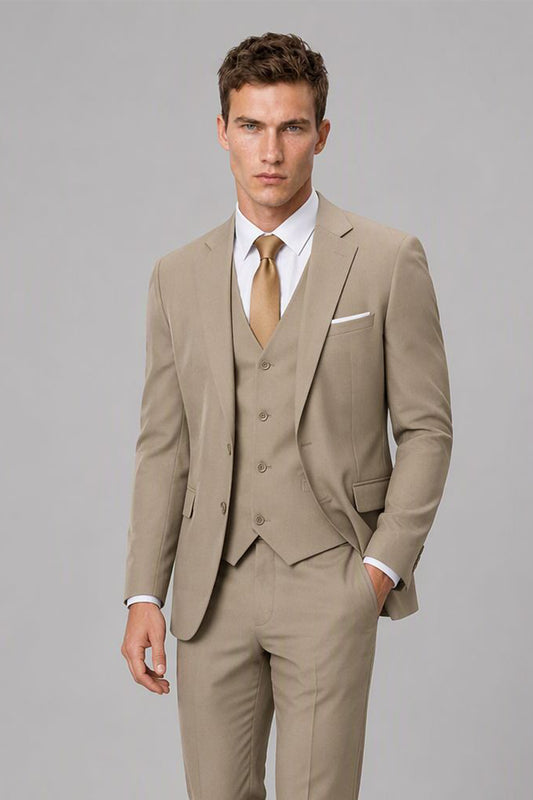 Men's Khaki 3-Piece Slim Fit Suit - Upper Body Front | Savile AA0002