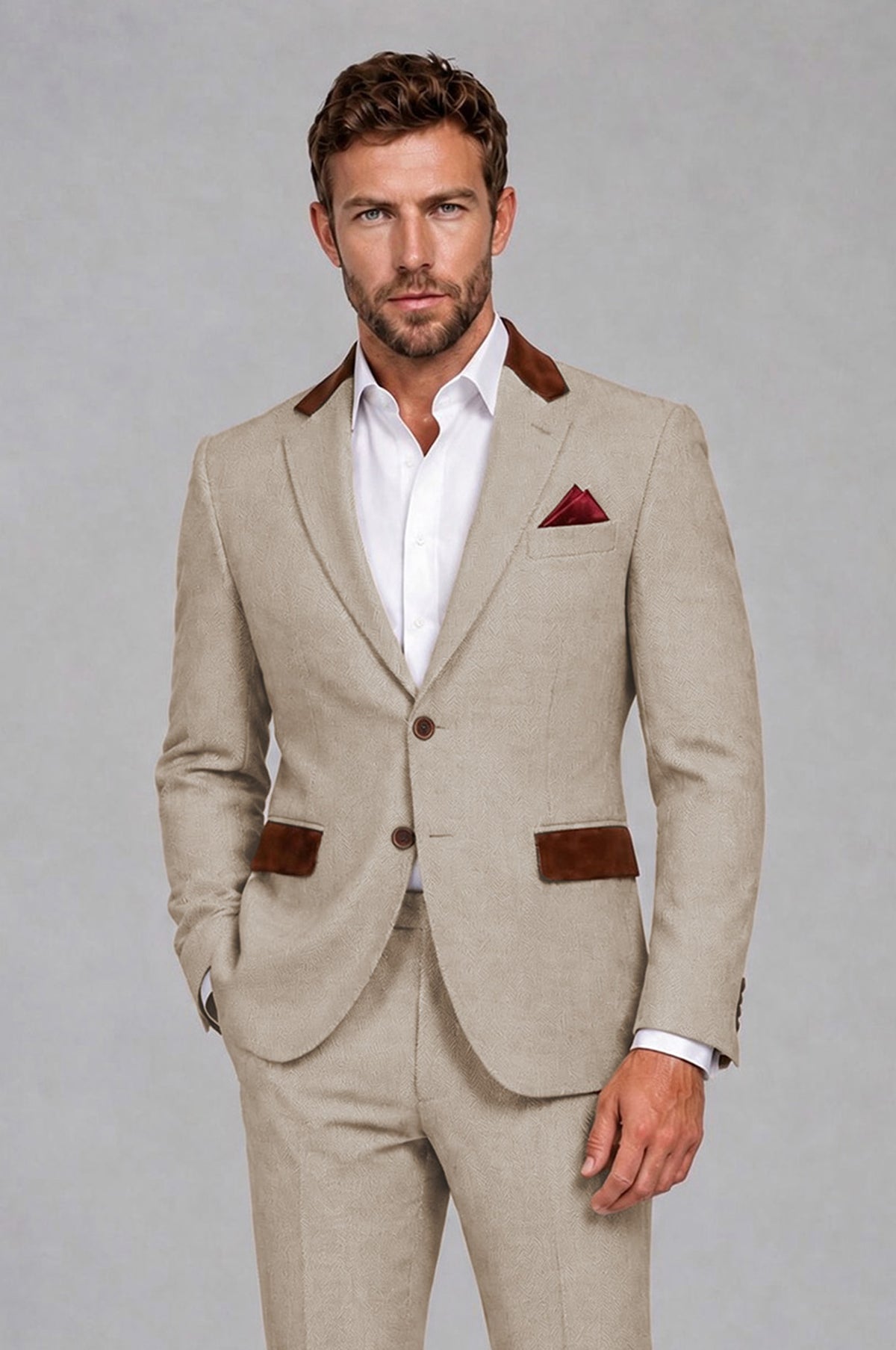 Savile Men's Khaki 2-Piece Suit Set featuring a tailored blazer with brown contrast collar and matching trousers