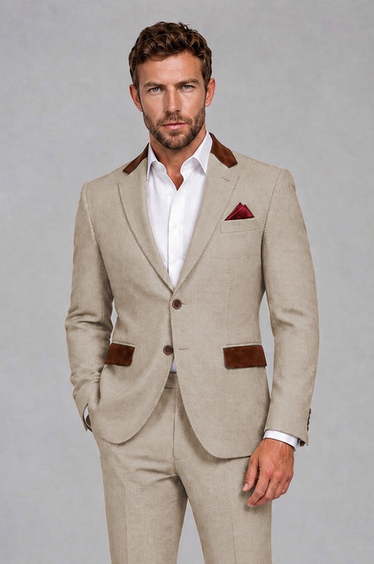 Savile Men's Khaki 2-Piece Suit Set featuring a tailored blazer with brown contrast collar and matching trousers
