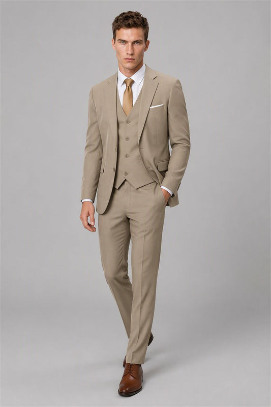 Men's Khaki 3-Piece Slim Fit Suit - Walking Full Length | Savile AA0002