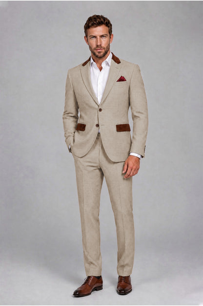 Savile Men's Khaki 2-piece tailored suit set with crossed arms studio pose