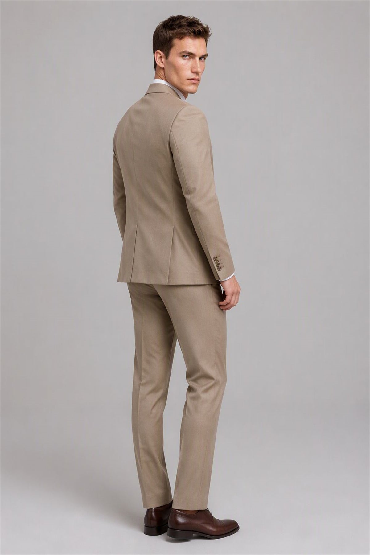 Men's Khaki 3-Piece Slim Fit Suit - Back View | Savile AA0002
